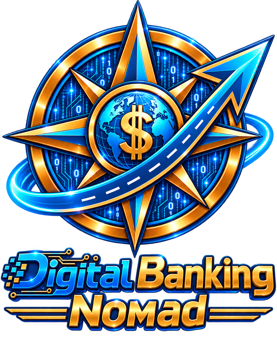 Digital Banking Nomad compass, globe, dollar sign, and road